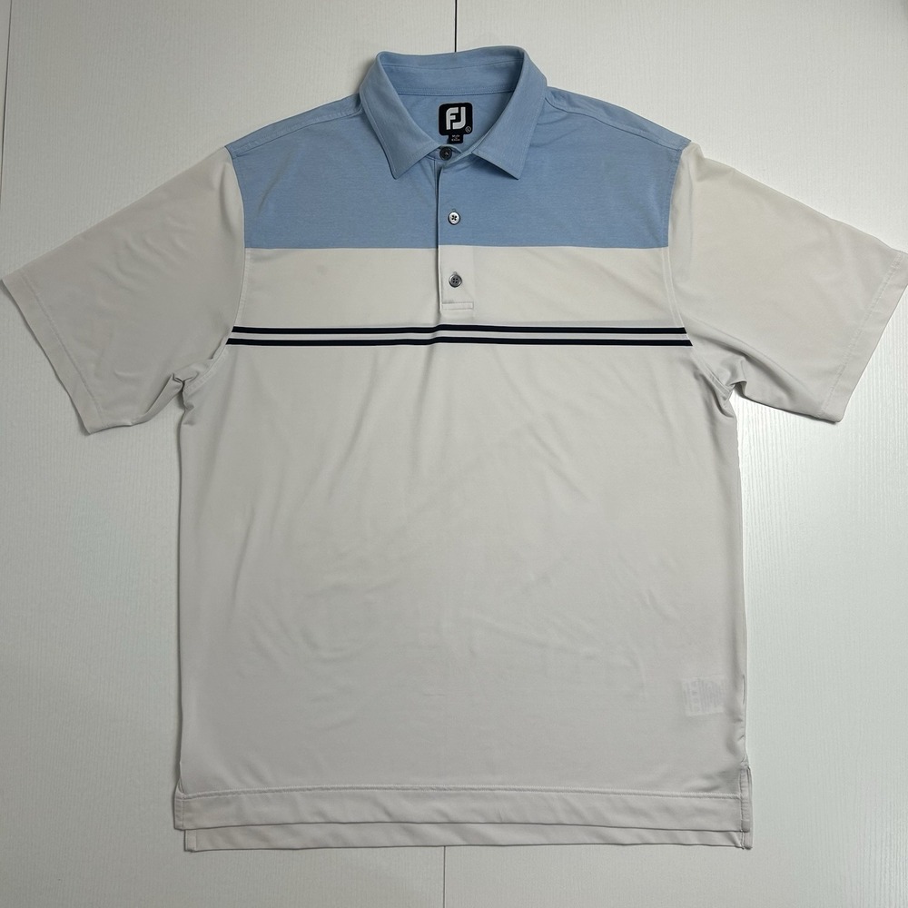 FootJoy Short Sleeve Polo Shirt White, Navy Blue, Light Blue Striped Men's Large